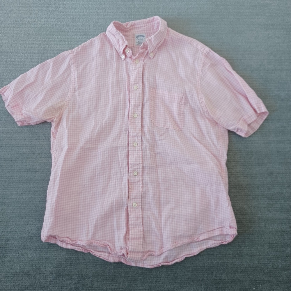 Brooks Brothers Linen Baird Mcnutt Shirt Mens L Pink Gingham Lightweight Resort